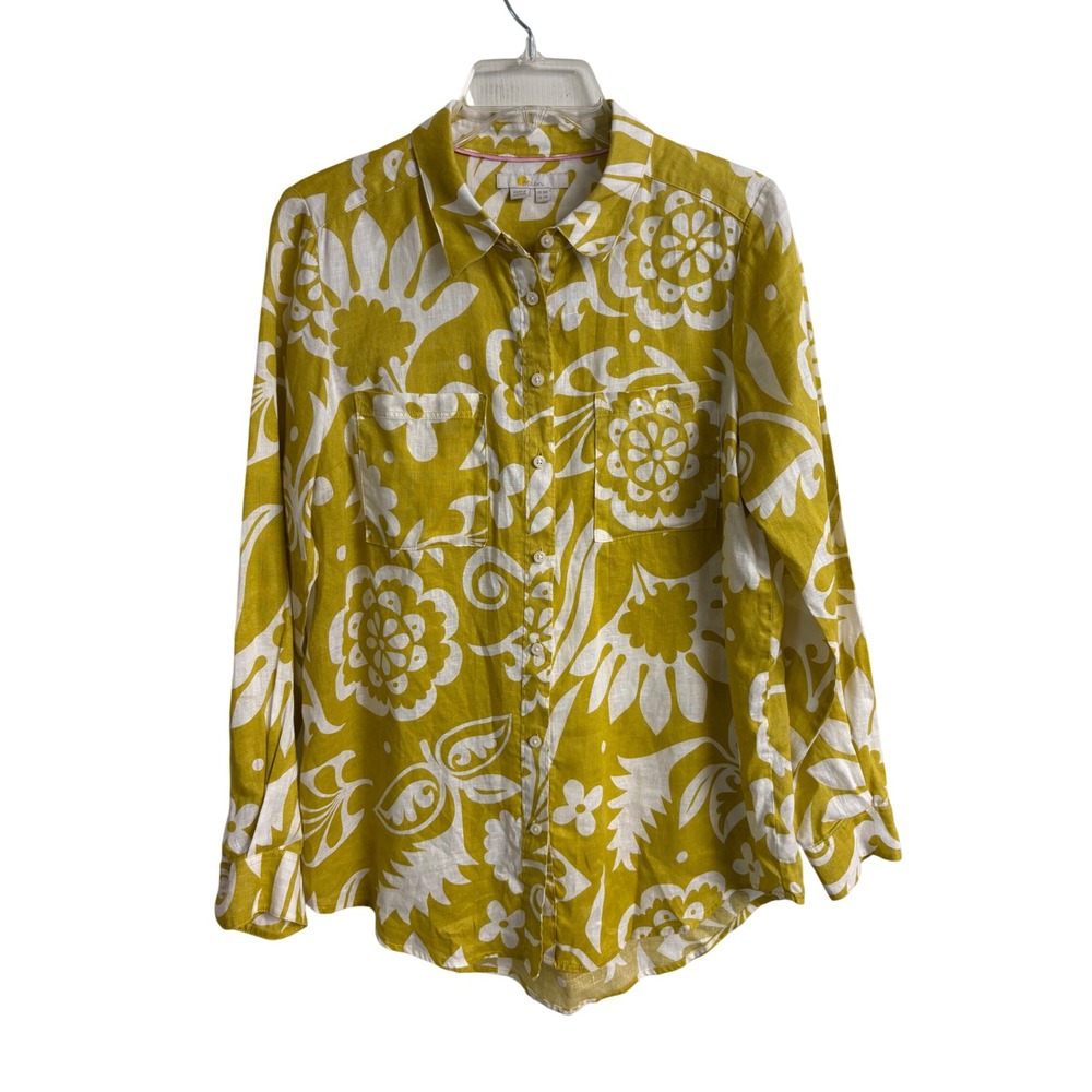 Boden Women Yellow White Floral Linen Button Down Shirt Size US 4R Coastal